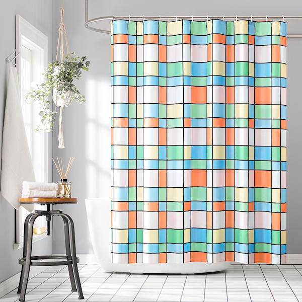 13-Piece Multicolor Retro Grid Shower Curtain Set, 70x72