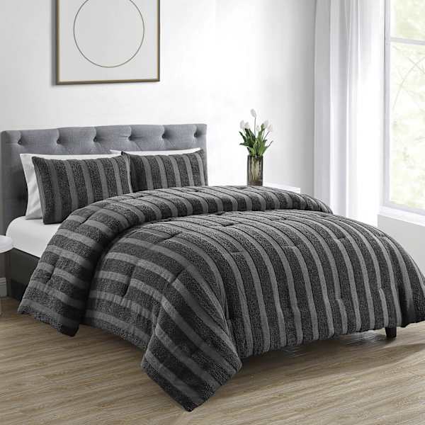 Found & Fable 3-Piece Dark Grey Tufted Corduroy Stripe Comforter Set, Full/Queen