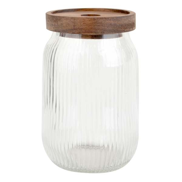 Clear Ribbed Glass Canister with Wooden Lid, 24oz