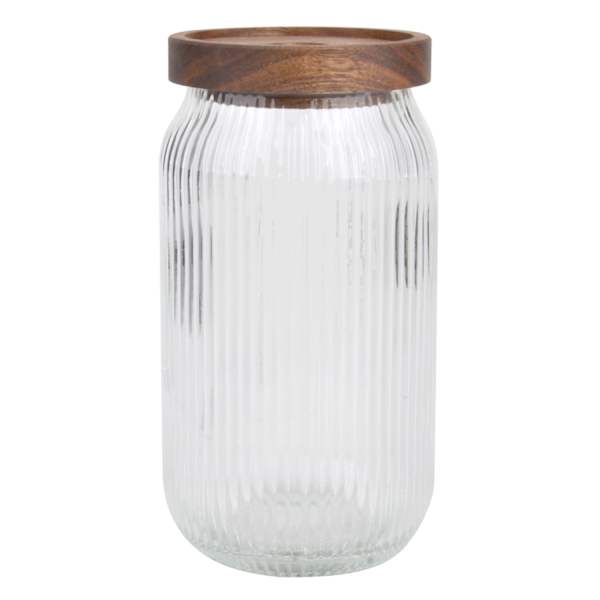 Clear Ribbed Glass Canister with Wooden Lid, 38oz