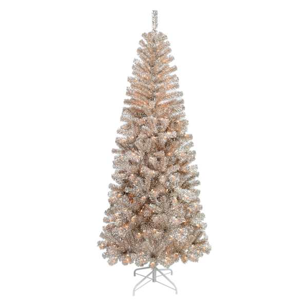 (B38) Pre-Lit LED Champagne Tinsel Christmas Tree, 7'