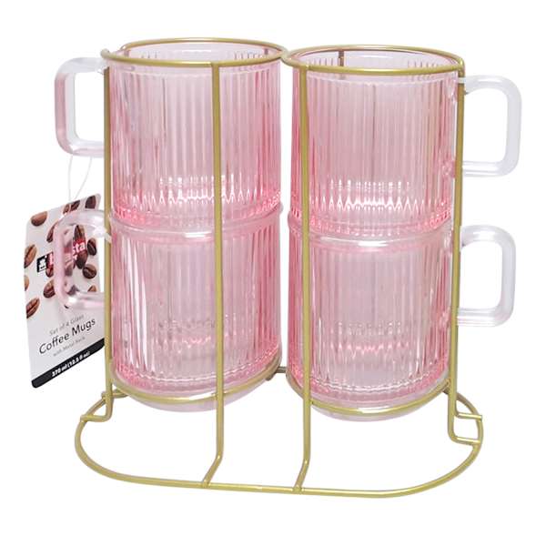4-Piece Pink Coffee Mug Set with Gold Rack, 12oz