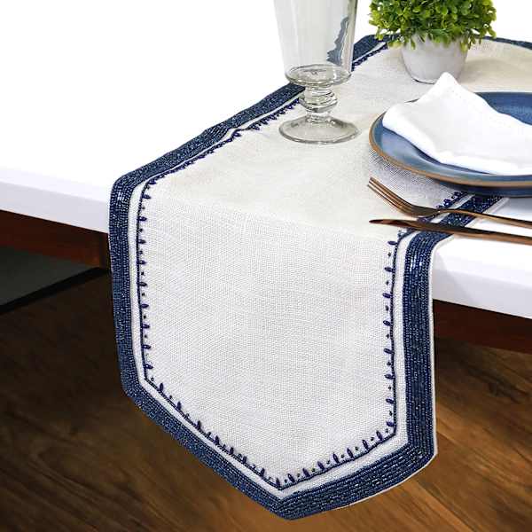 Neutral Jute Table Runner with Navy Beaded Border, 36x13