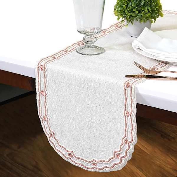 Neutral Table Runner with Pink Beading Design, 36x13