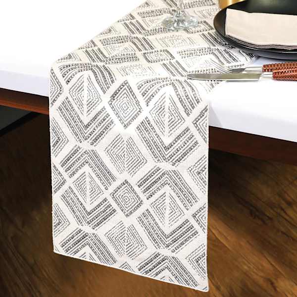 Neutral Semi-Beaded & Embroidered Tribal Table Runner, 36x13