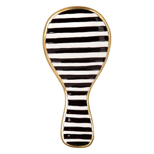 Black & White Striped Spoon Rest with Gold Rim, 10"