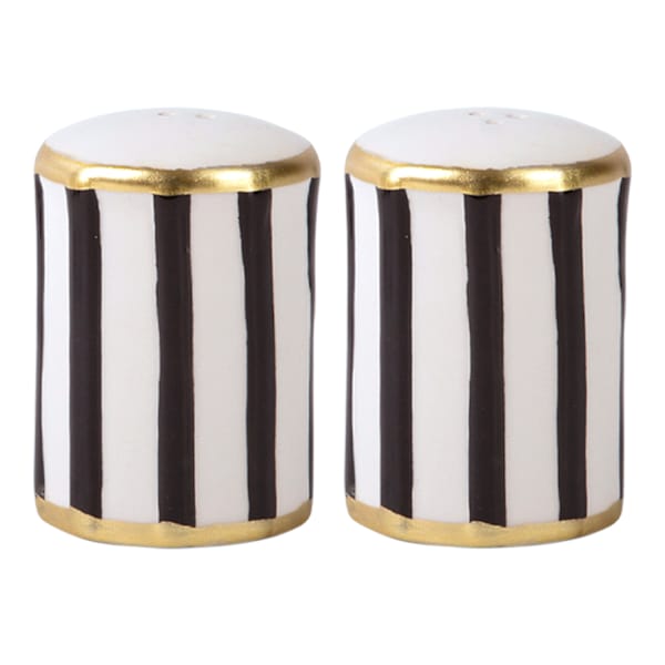 S/2 Black/White Stripe with Gold Rim Salt and Pepper Shakers