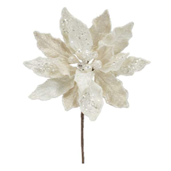 White Flocked Velvet Poinsettia Pick, 10"