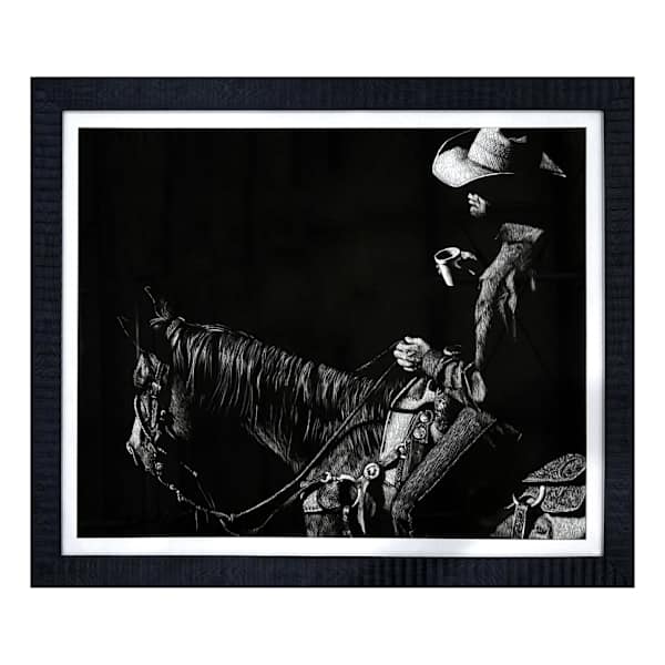 Glass Framed Cowboy Scratchboard I Paper Print Wall Art, 30.8x24.8