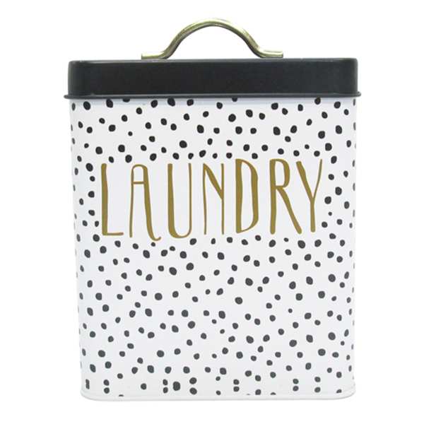 Doreen White & Black with Gold Handle Laundry Canister, Medium