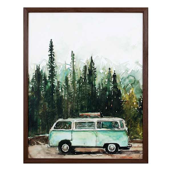Retro Van In The Woods Framed Wood Wall Decor, 16x20