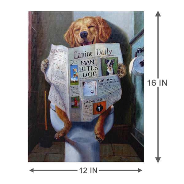 Dog with Newspaper In Bathroom Canvas Wall Art, 12x16