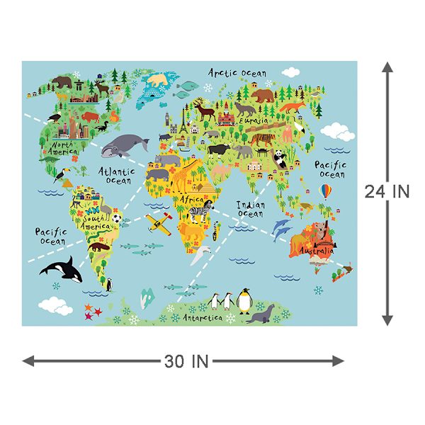 Children's Animal World Map Canvas Wall Art, 24x30