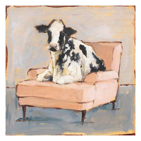 Cow Sitting Orange Chair Canvas Wall Art, 22"