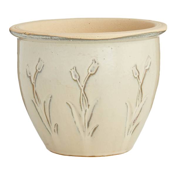 Beige Carved Ceramic Outdoor Planter, Medium