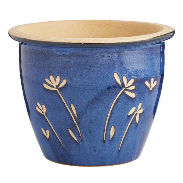 Blue Flowers Carved Ceramic Outdoor Planter, Large