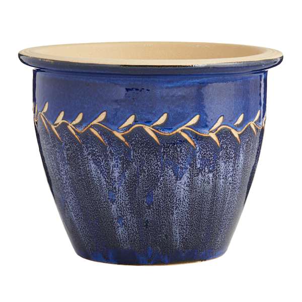 Blue Carved Ceramic Outdoor Planter, Large