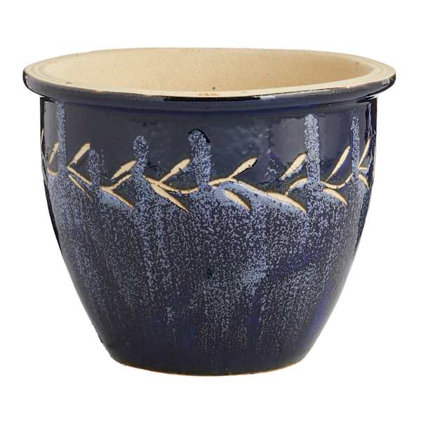 Blue Carved Ceramic Outdoor Planter, Medium