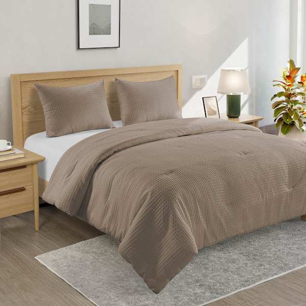 Crosby St. 3-Piece Taupe Washed Cotton Waffle Comforter Set, King