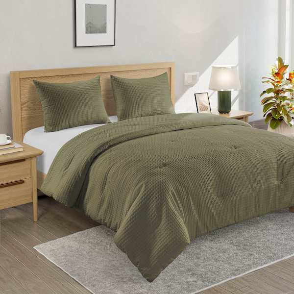 Crosby St. 2-Piece Olive Green Washed Cotton Waffle Comforter Set, Twin/Twin XL