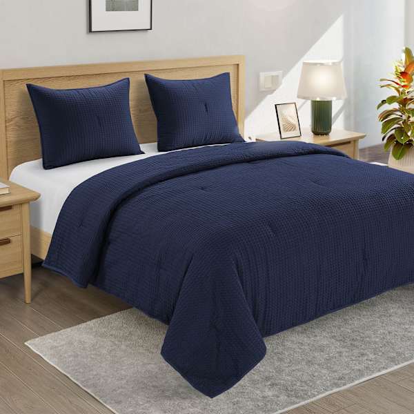 Crosby St. 3-Piece Navy Blue Washed Waffle Cotton Quilt Set, Full/Queen