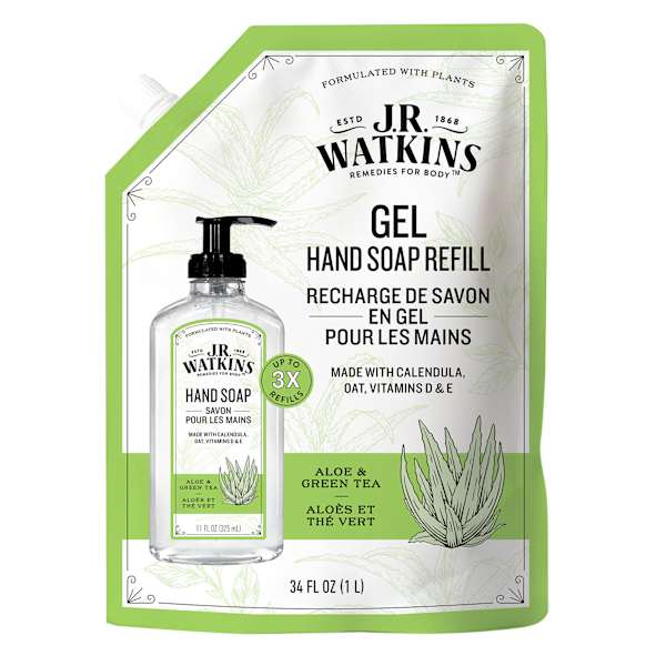 JR Watkins Hand Soap Gel 34 Fl Oz Aloe Green Tea Refill