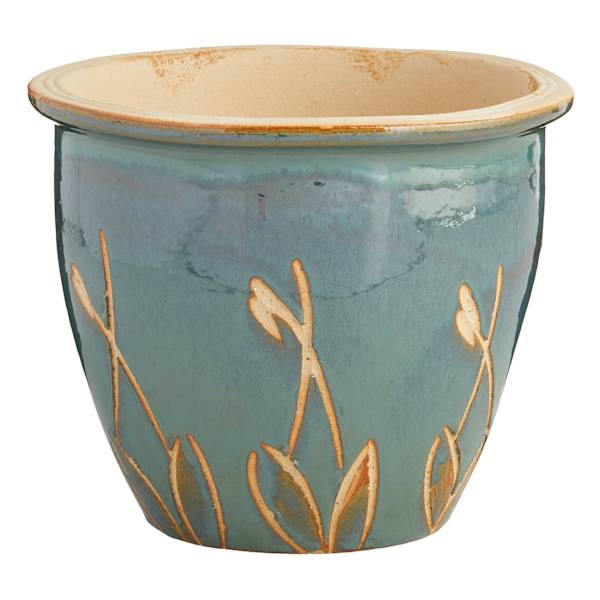 Ocean Blue Carved Ceramic Outdoor Planter, Medium