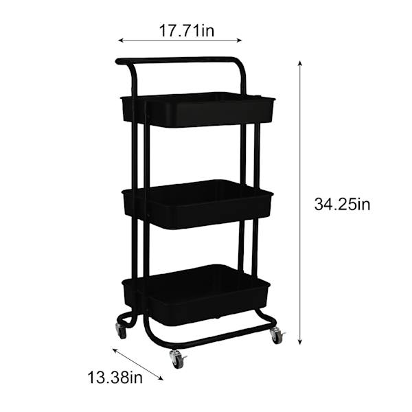 3-Tier Rolling Storage Cart, Black