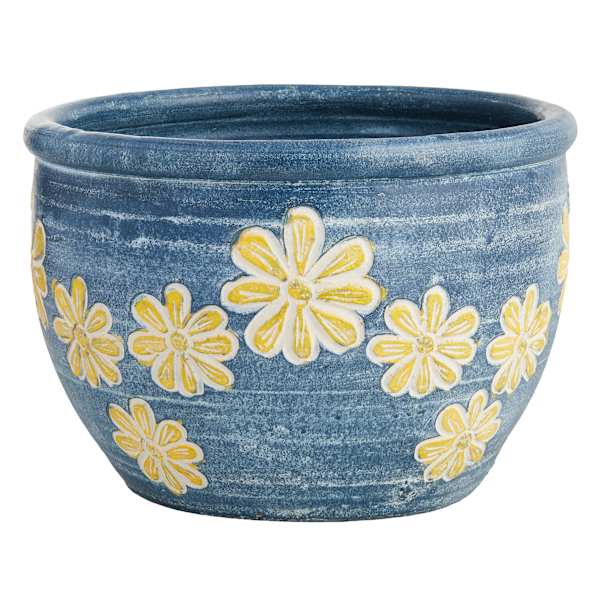 Blue & Yellow Pansies Clay Outdoor Planter, Large