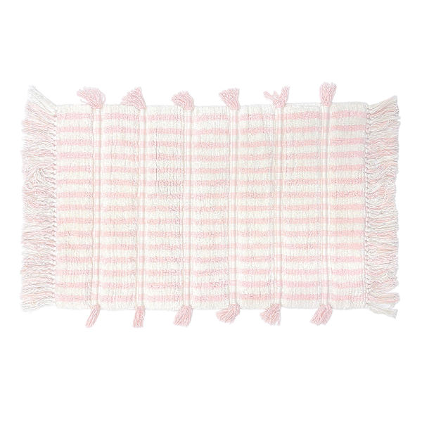Honeybloom Pink Striped Cotton Bath Rug with Tassels, 20x30
