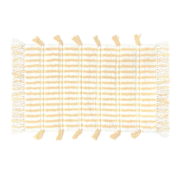 Honeybloom Yellow Striped Cotton Bath Rug with Tassels, 20x30