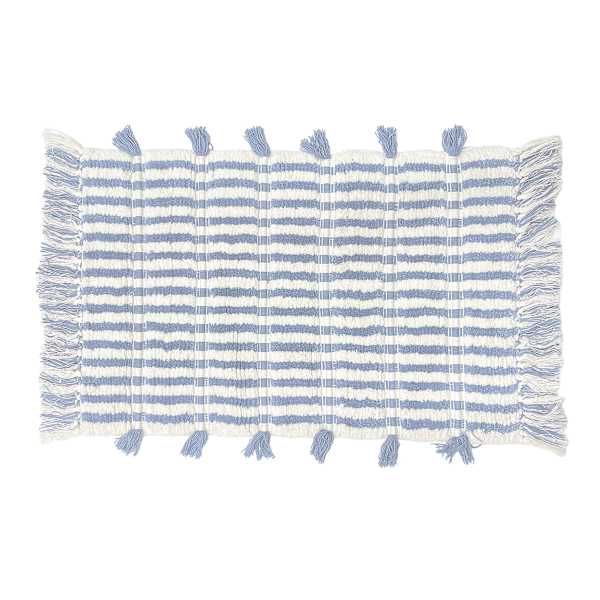 Honeybloom Blue Striped Cotton Bath Rug with Tassels, 20x30