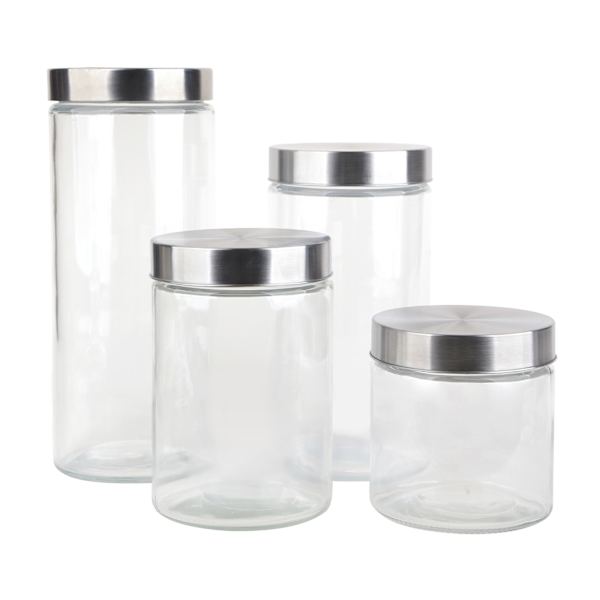At Home Set Of 4 Glass Canister With Metal Lid Clear