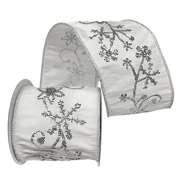 4" White With Silver Snowflake Ribbon, 5yd