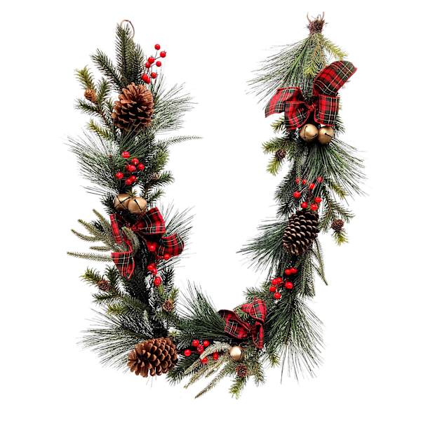 Mixed Pine, Berry, Pinecone & Plaid Bow Garland, 6'