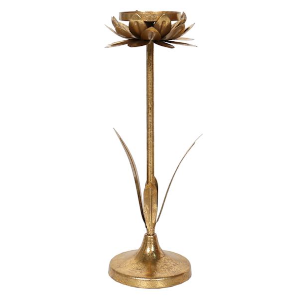 Gold Metal Flower Pillar Candle Holder, 14"