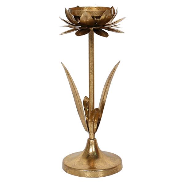 Gold Metal Flower Pillar Candle Holder, 10"