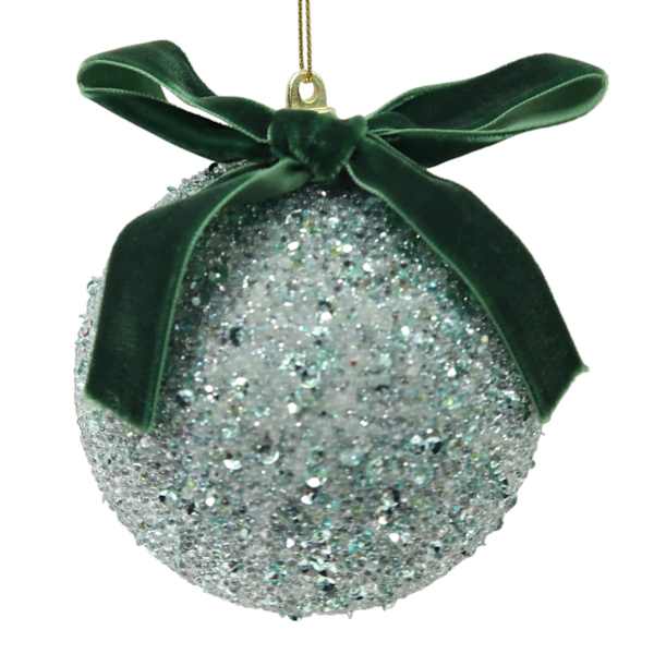 Green Beaded Ball Ornament with Bow, 3"