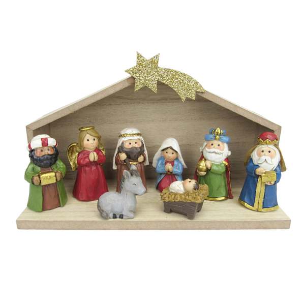 9-Piece Resin Nativity Scene with Wood Creche