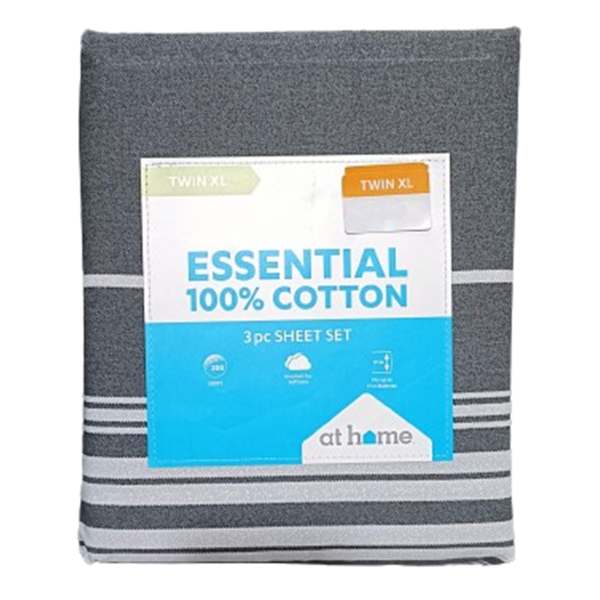 3-Piece Grey Striped 200 Thread Count 100% Cotton Sheet Set, Twin/Twin XL