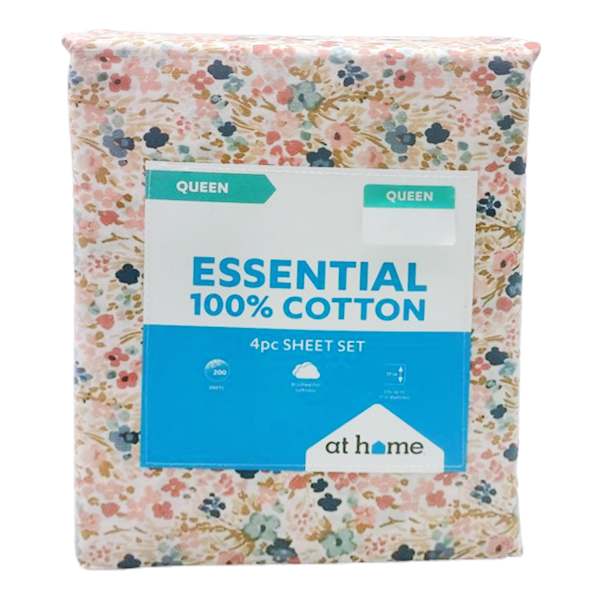 4-Piece Floral 200 Thread Count Brushed Cotton Sheet Set, Queen