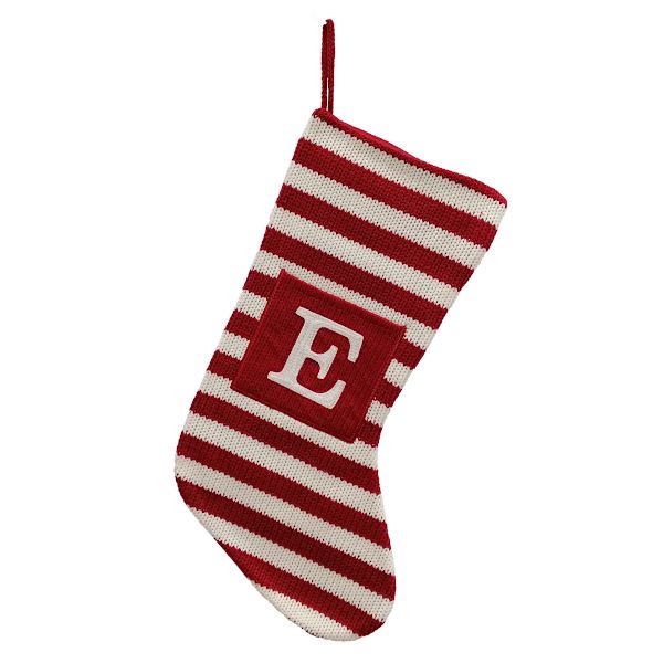 Red & White Striped Monogram Knit Stocking, E