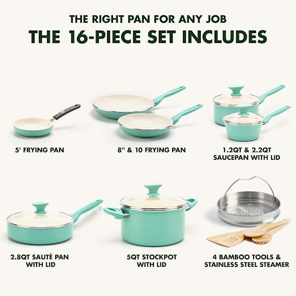GreenPan 16-Piece Rio Cookware Set, Turquoise