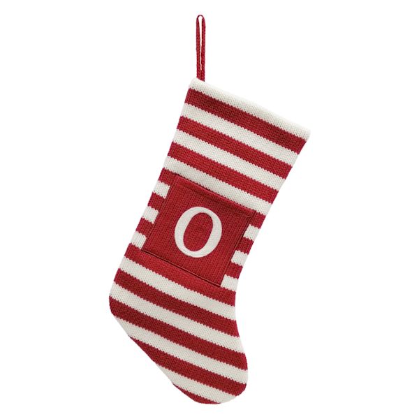 Red & White Striped Monogram Knit Stocking, O
