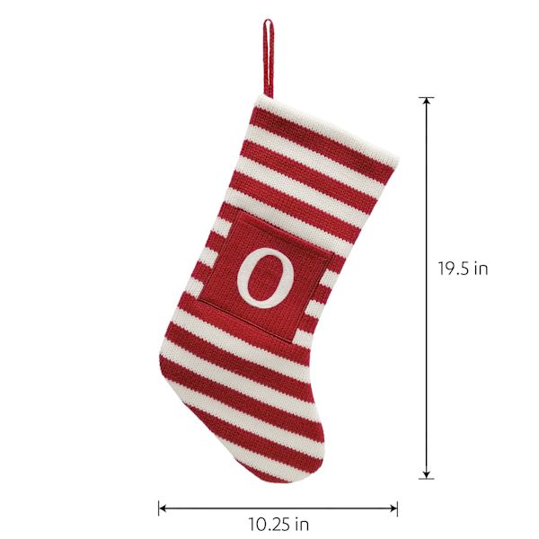 Red & White Striped Monogram Knit Stocking, O