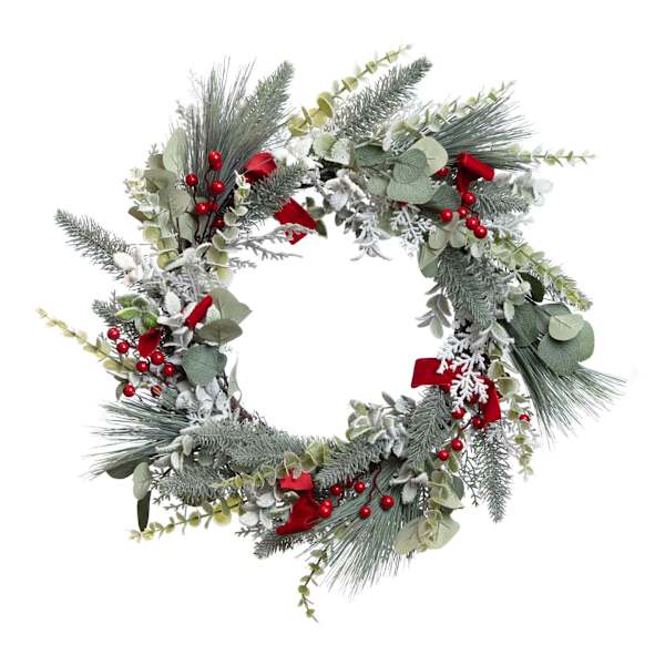 Snow Pine & Berry & Bow Wreath, 24"