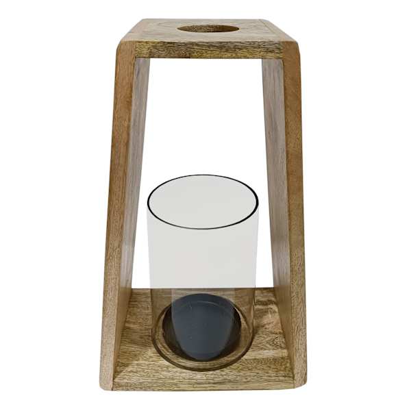Wood & Metal Lantern with Glass Hurricane, 12.5"