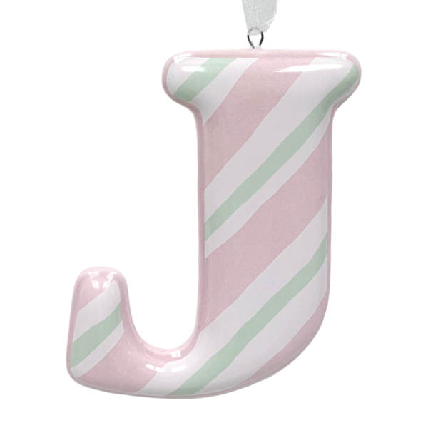 Mrs. Claus' Bakery 3.5" Pink Striped Monogram Ornament, J