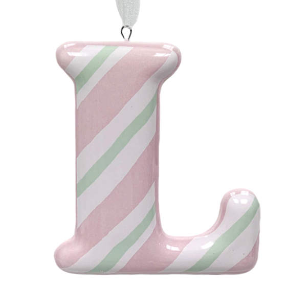 Mrs. Claus' Bakery 3.5" Pink Striped Monogram Ornament, L