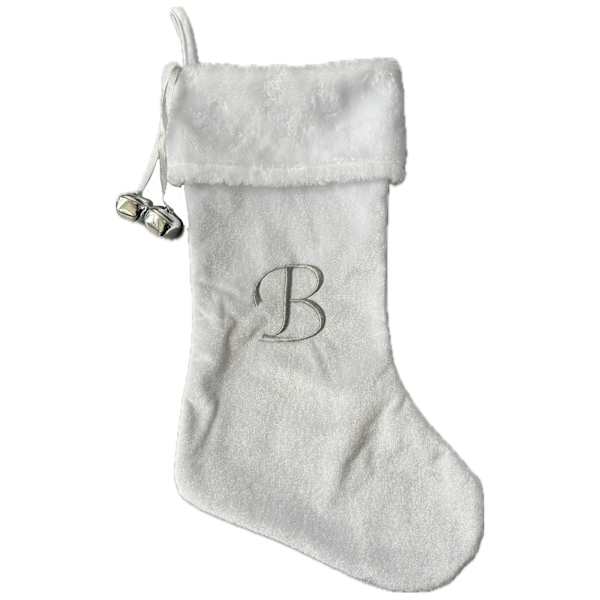 20" White Velvet Monogram Stocking, B